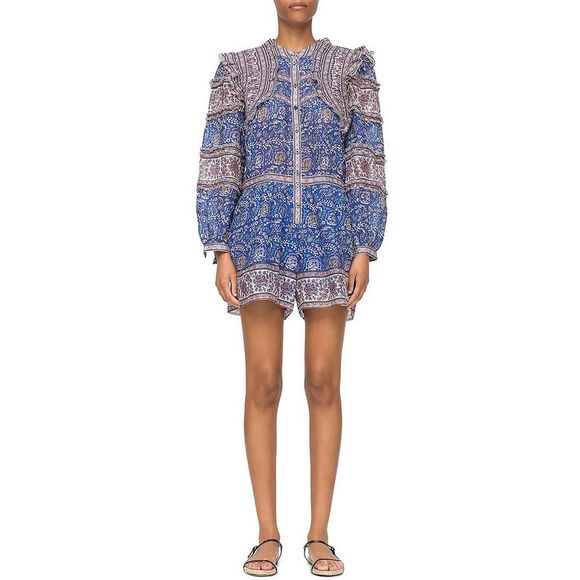 Sea Pants - Sea Womens Rosita Blue Printed Mini Bishop-Sleeve Romper NWOT
